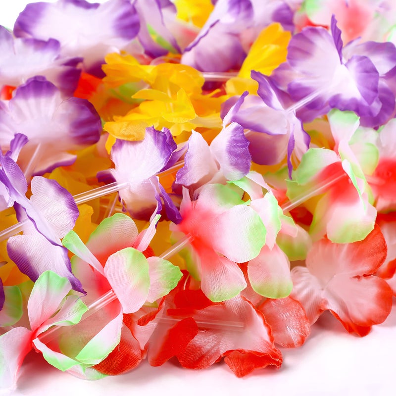 Moon Boat 60PCS Hawaiian Luau Leis Party Decorations Supplies Set - Tropical Tiki Flowers Necklaces + Bracelets + Hair Clips Bulk Summer Pool Birthday Decor Favors - Image 4